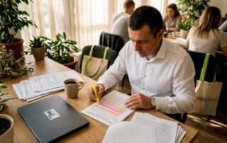 Bulgarian accountant reviewing tax regulations