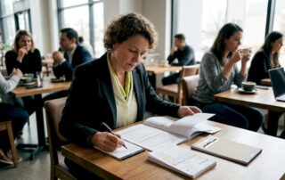 Accountant reviewing financial reports in office