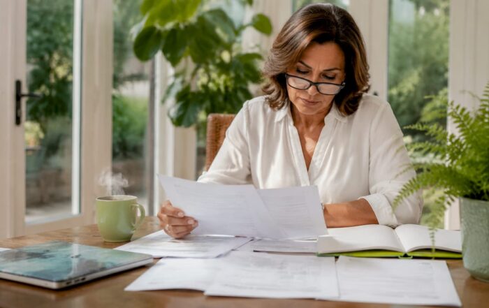 Entrepreneur reviewing tax documents at desk