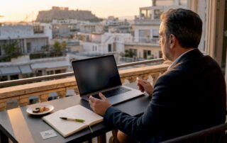 Επιχειρηματίας εργάζεται από το σπίτι του, ολοκληρώνοντας εξ αποστάσεως τη διαδικασία ίδρυσης της εταιρείας του.