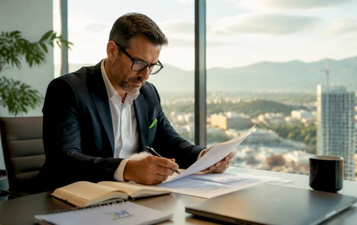Business owner reviewing Bulgarian tax documents at desk
