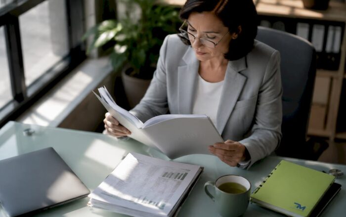 Businesswoman reviewing financial report at home desk