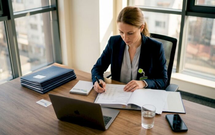 Woman reviewing company secretary documents in office