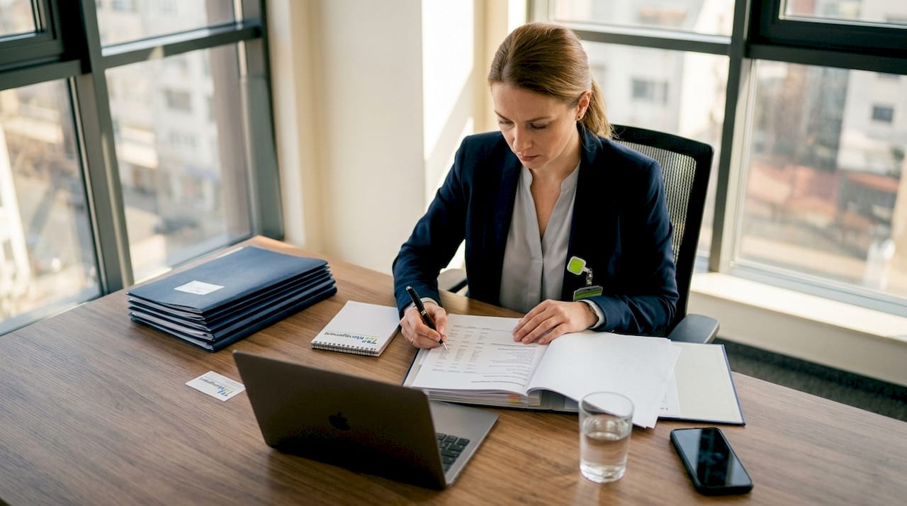 Woman reviewing company secretary documents in office