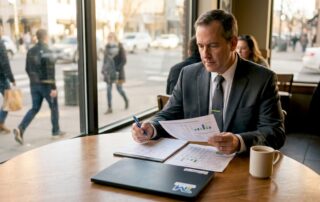 Tax advisor reviewing company relocation documents in office