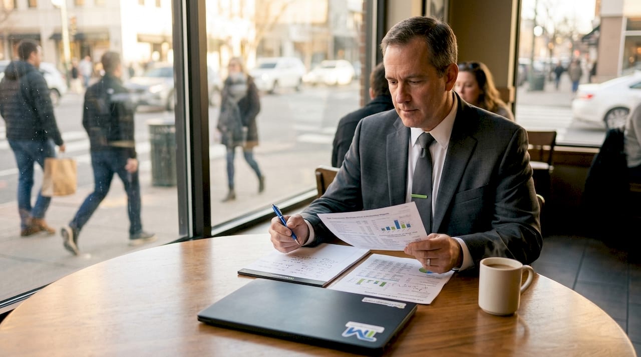 Tax advisor reviewing company relocation documents in office