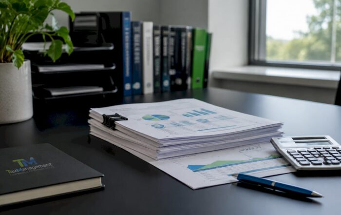 Accounting reports and calculator on office desk