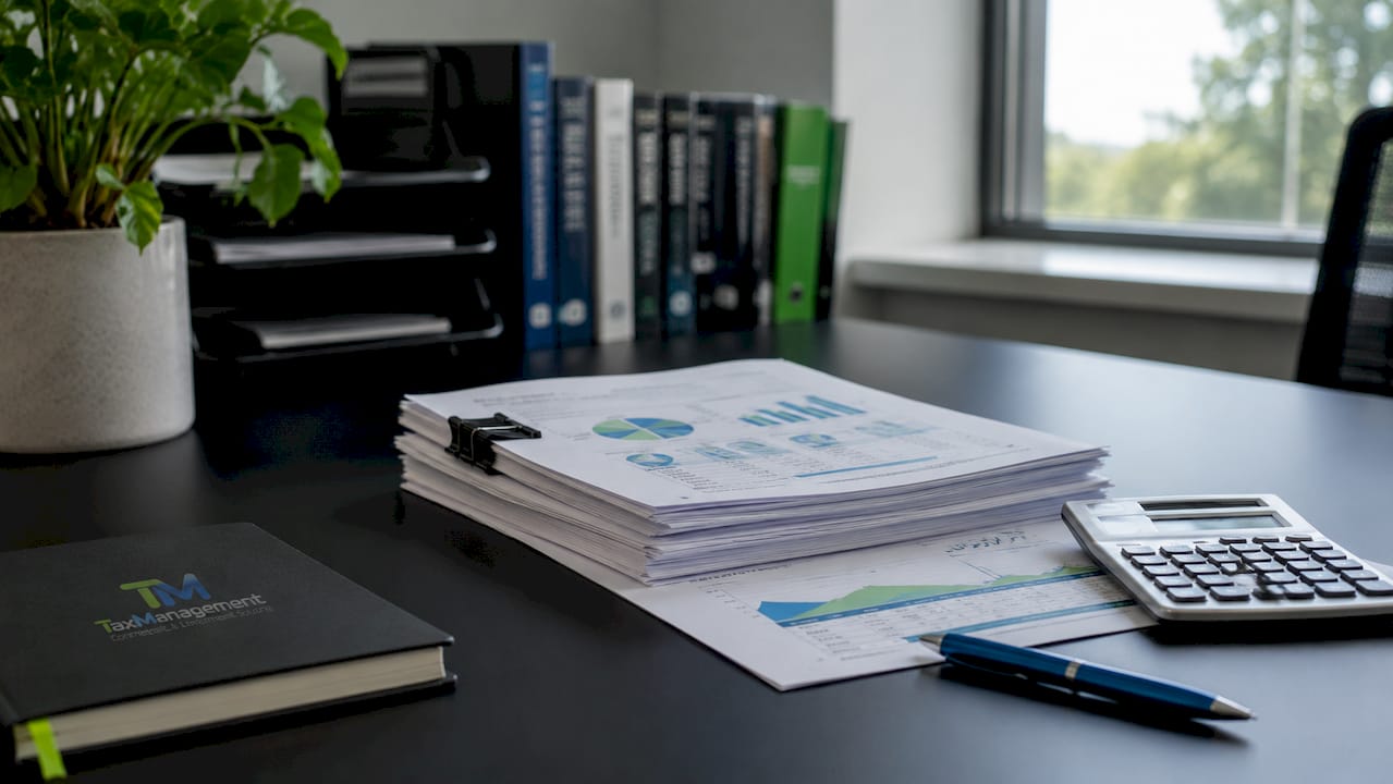 Accounting reports and calculator on office desk