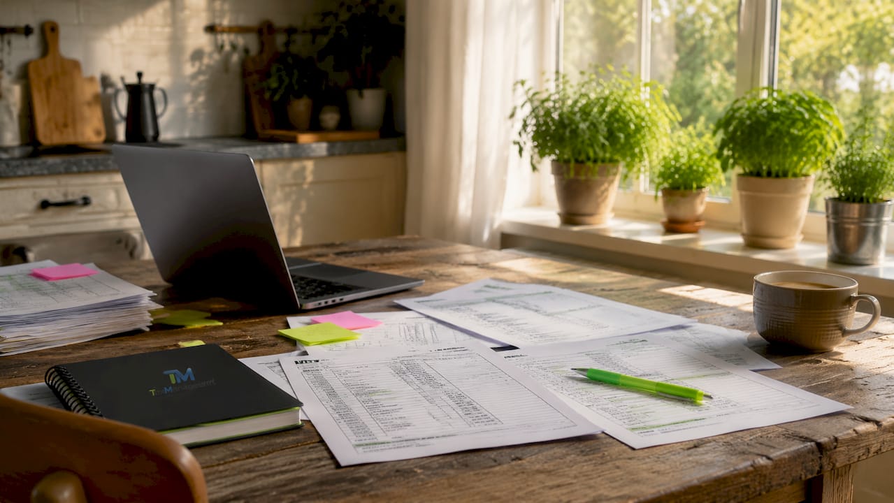 Desk with accounting reports and calculator
