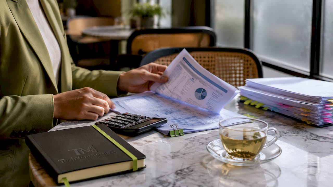 Hands organizing VAT accounting reports and calculator