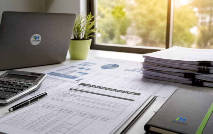 Desk with company registration documents and accounting reports