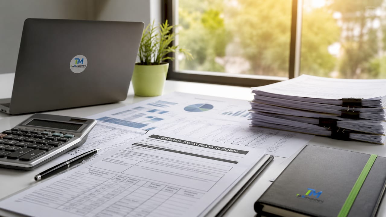 Desk with company registration documents and accounting reports