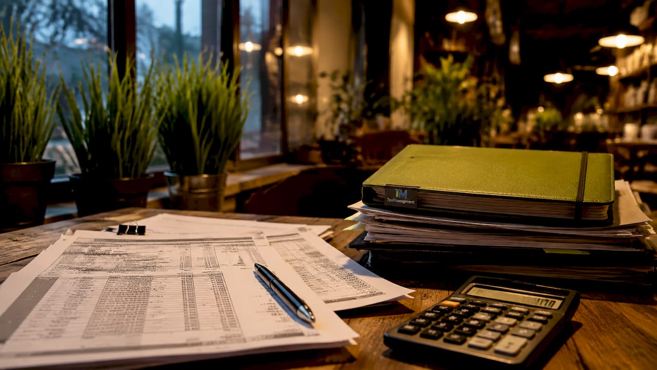 Printed Bulgarian accounting reports and calculator on desk