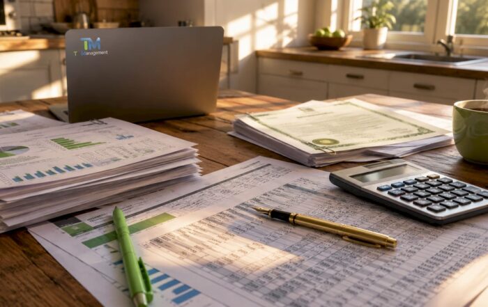 Accounting reports and company registration documents on desk