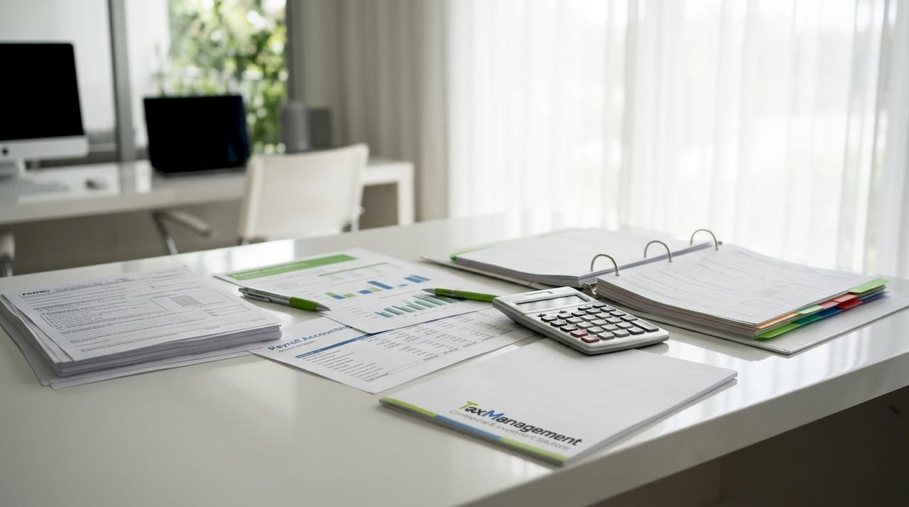 Payroll accounting reports and calculator on desk