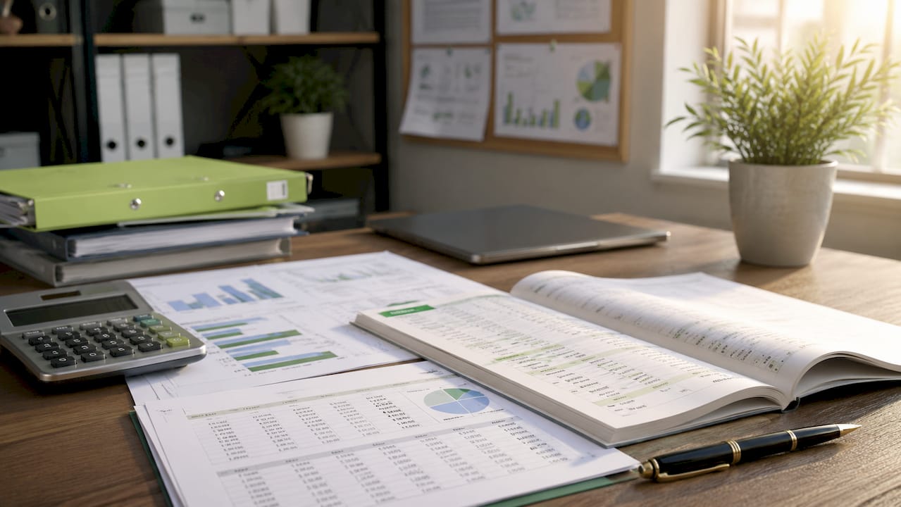Accounting documents and calculator on desk